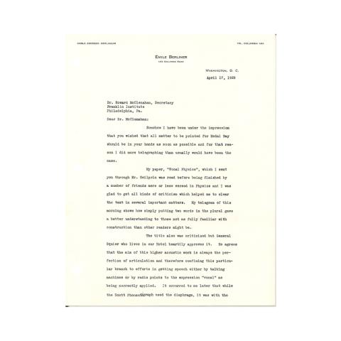 1st page out of 2 Letter from Berliner discussing his paper and its presentation. April 17, 1929