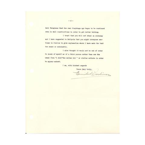 2nd page out of 2 Letter from Berliner discussing his paper and its presentation. April 17, 1929