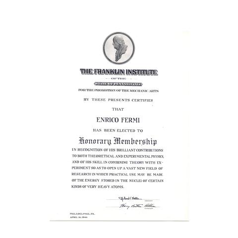 Enrico Fermi's Honorary Franklin Institute Membership Certificate, 4/16/1946.