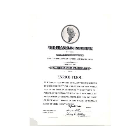 Enrico Fermi's Franklin Award Certificate, 4/16/1947.