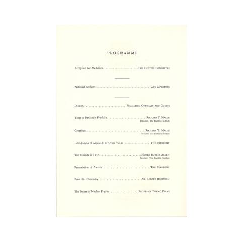 4th page out of 4 of Medal Day Program, The Franklin Institute, 4/16/1947.