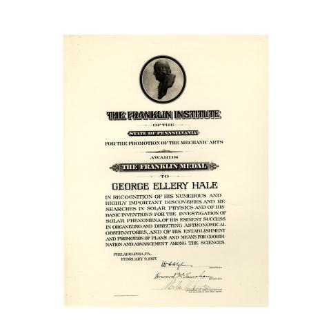 The certificate of the Franklin Medal award from The Franklin Institute, 2/9/1927 