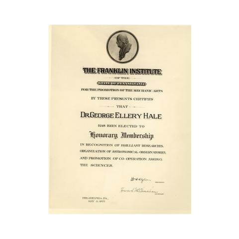 Certificate of election to Honorary Membership of The Franklin Institute, 5/11/1927 