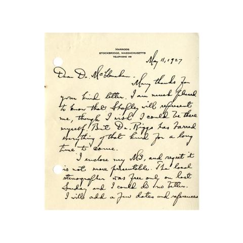 Page 1 of 2: Letter from George Ellery Hale to Howard McClenahan, Enclosing the paper to be presented at the Medal Day ceremony, 5/11/1927