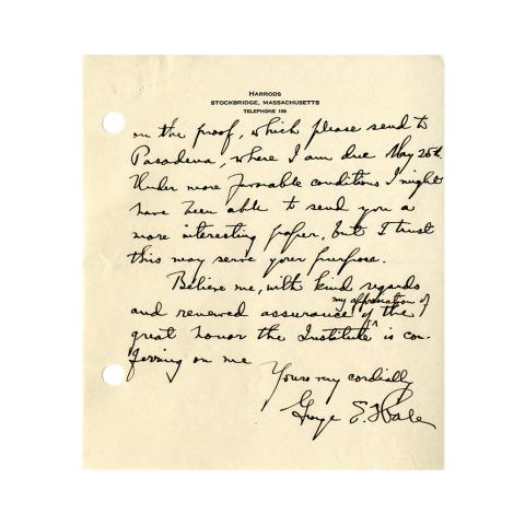 Page 2 of 2: Letter from George Ellery Hale to Howard McClenahan, Enclosing the paper to be presented at the Medal Day ceremony, 5/11/1927