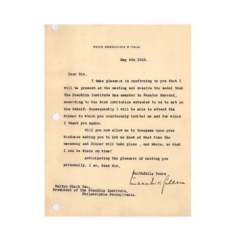 Acceptance Letter from Count V. Macchi de Celere to Walton Clark, Accepting the invitation to receive the Franklin Medal on behalf of Senator Marconi, 5/6/1918.