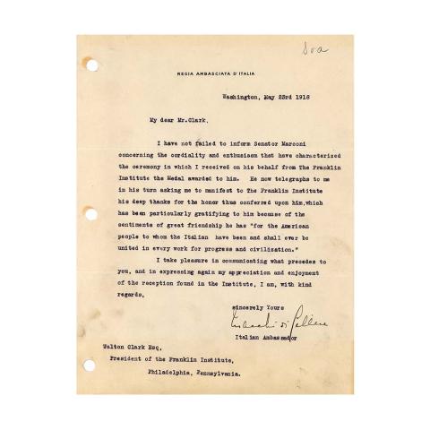 Thank You Letter from Count V. Macchi de Celere to Walton Clark, Conveying Senator Marconi's thanks for the honor of being a Franklin Medal awardee, 5/23/1918.