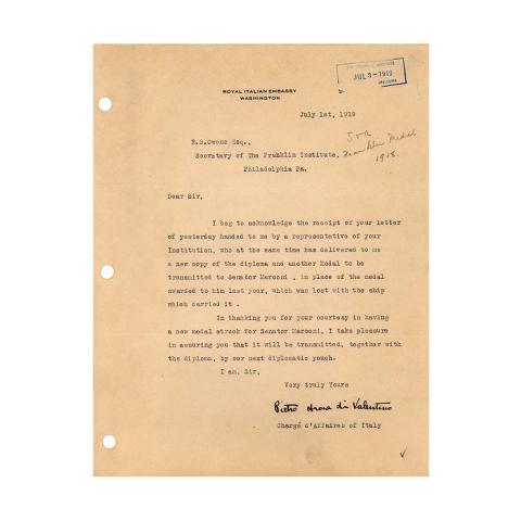 Pietro di Valentino letter to R.B. Owens, Italian Charge d'Affaires acknowledging receipt of the new medal and diploma replacing the originals lost at sea, 7/1/1919.