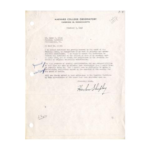 Letter from Harlow Shapley to Dr. Henry B. Allen, In appreciation of the honor of the Franklin Medal; accepting invitation to address Medal Day audience, 2/2/1945.