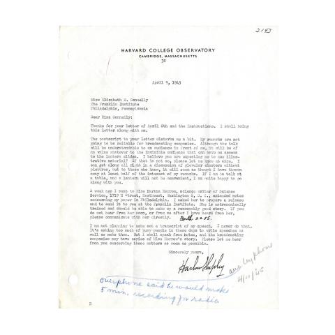 Letter from Harlow Shapley to Miss Elizabeth Connelly, Concerning remarks and presentation to be made at The Franklin Institute on Medal Day, 4/9/1945.