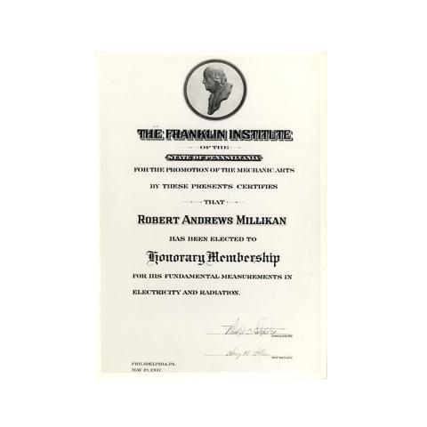 Photograph of Millikan's Certificate of Honorary Membership.