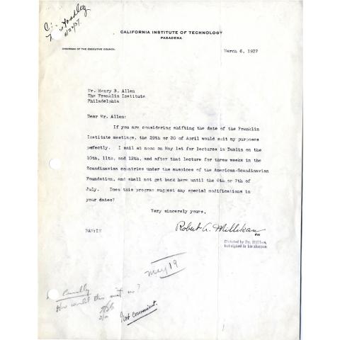 2nd page out of 2 Letter to Allen from Millikan, States summer schedule; 3/6/1937.