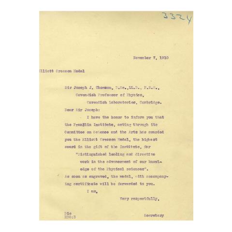 Letter to Thomson informing him of his award. November 7, 1910