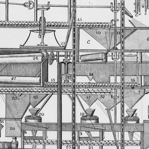 Antique schemata drawing of automated grain mill 