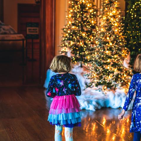 girls walk through lighted trees at Franklin Frost