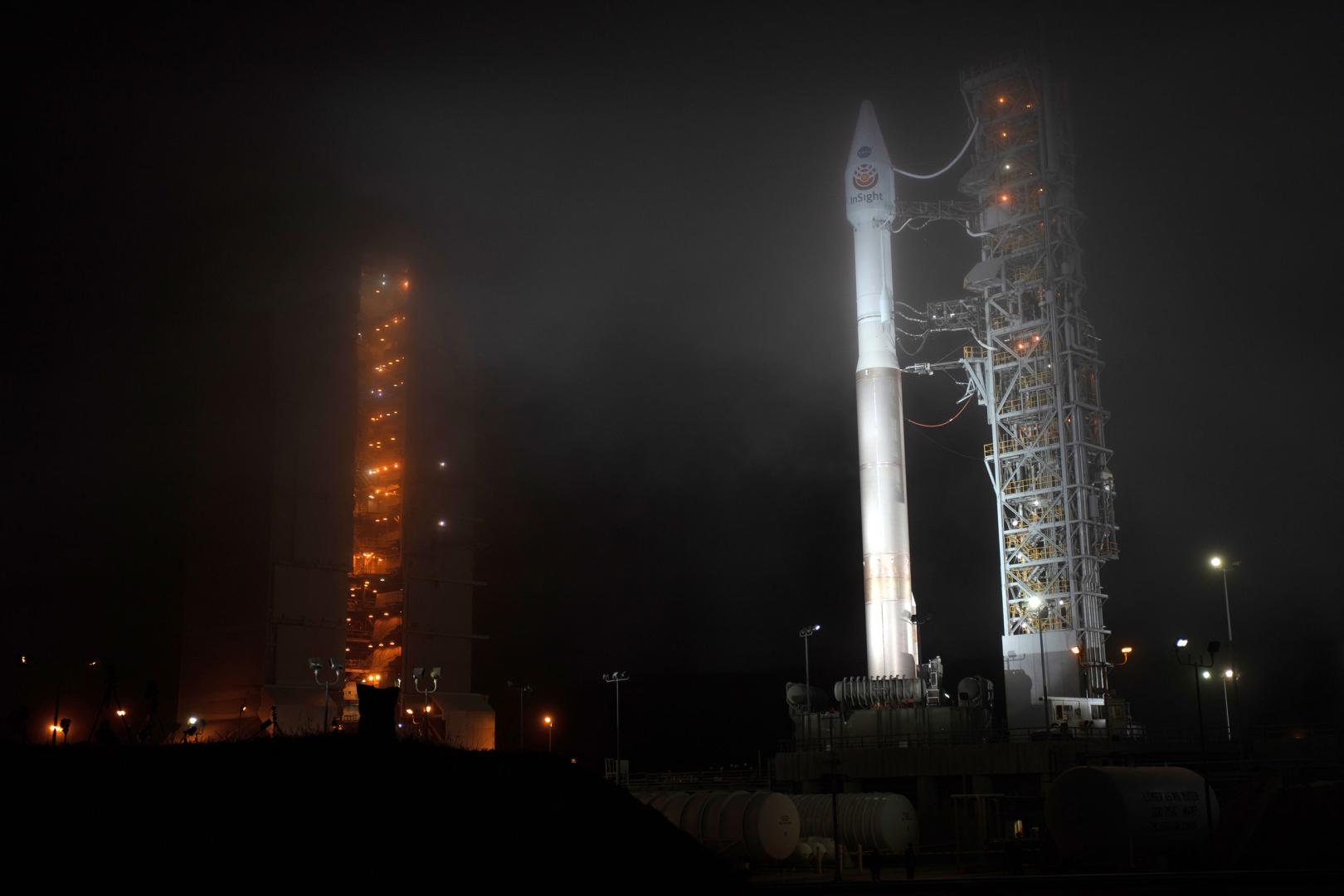 InSight awaiting launch at Space Launch Complex 3 on a foggy night at Vandenberg Air Force Base in California. Photo: Jon Brack