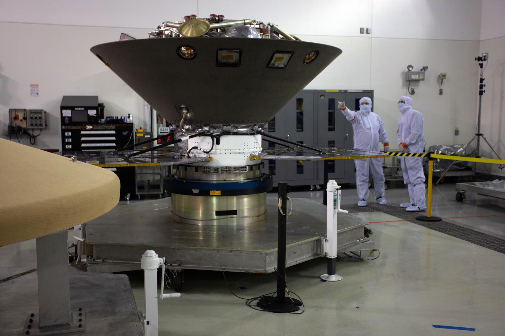 InSight in the Astrotech cleanroom at Vandenberg Air Force Base in final preparations for launch. Only part of the lander’s legs are visible above the aeroshell capsule that will protect it on the 6-month journey to Mars. Photo: Jon Brack