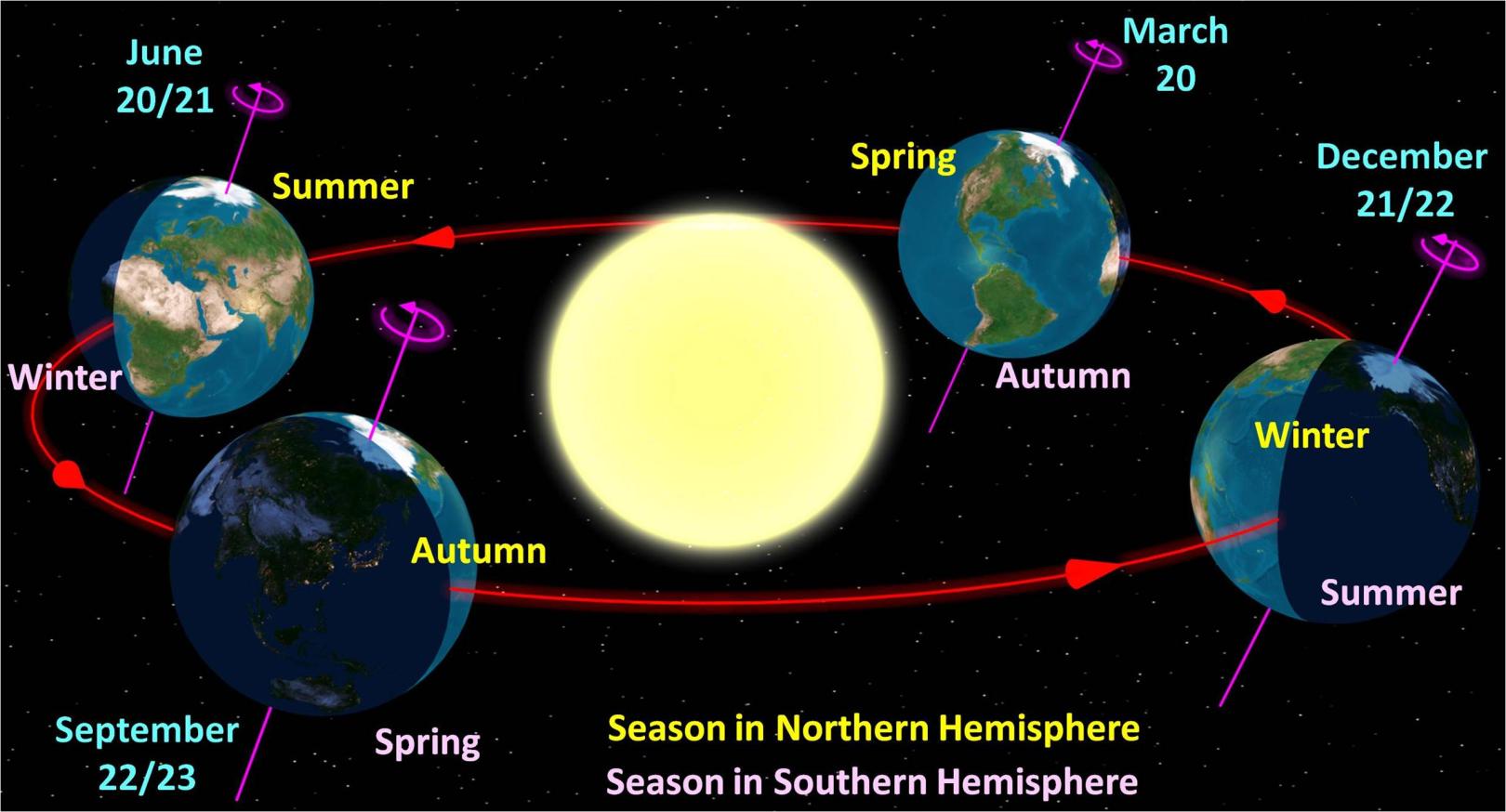 Astronomical diagram of the four seasons with sun in the center (drawing not to scale)