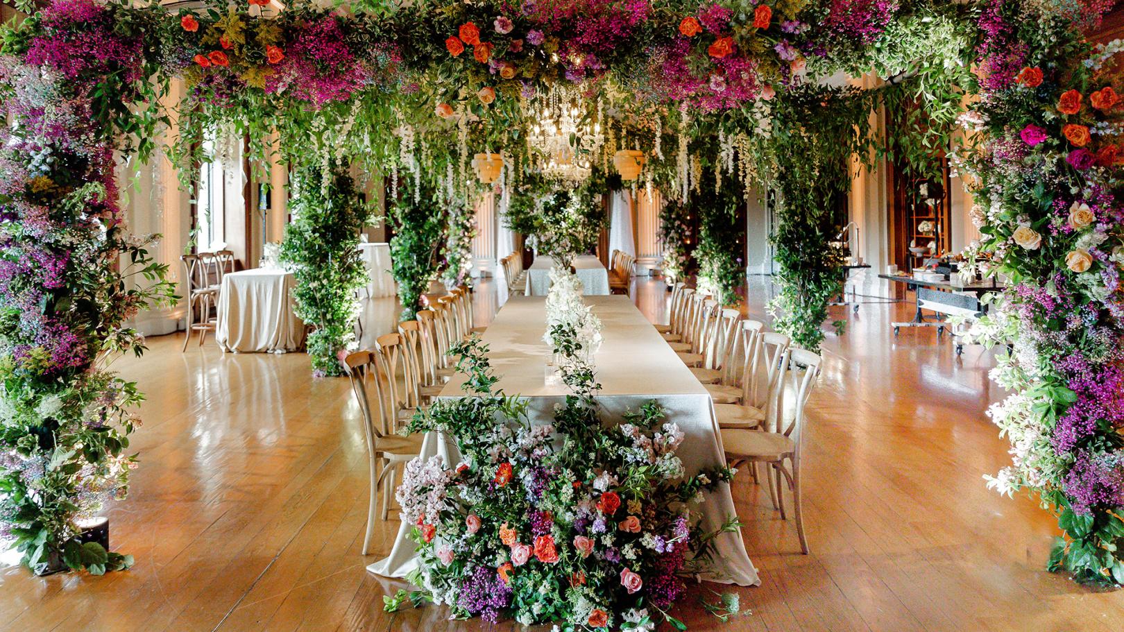 Pepper Hall decorated with extravagant floral draping